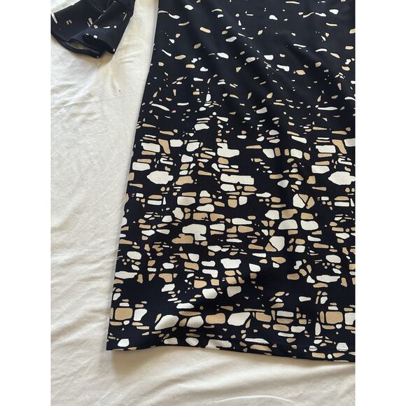 ILE New York Black White Tan Abstract Print Bell Sleeve Dress Size 8 - Picture 5 of 8